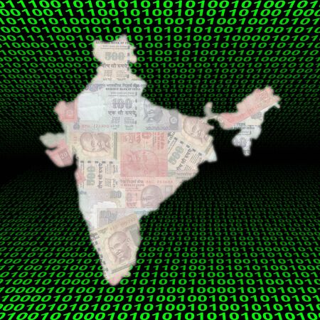 glowing India map with Rupees on green binary codeの写真素材