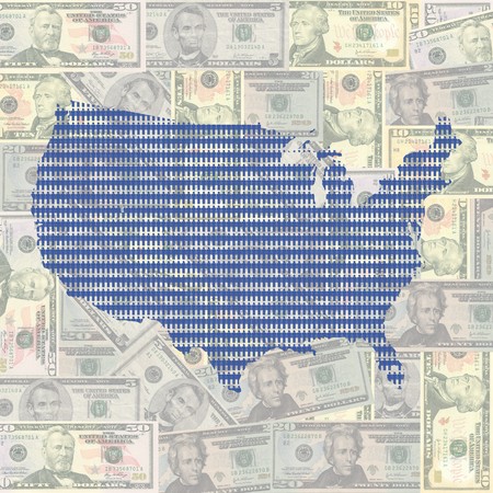 American workforce map of people over dollars background illustrationの写真素材