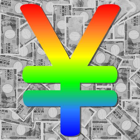 colorful rainbow Yen symbol on desaturated currencyの写真素材