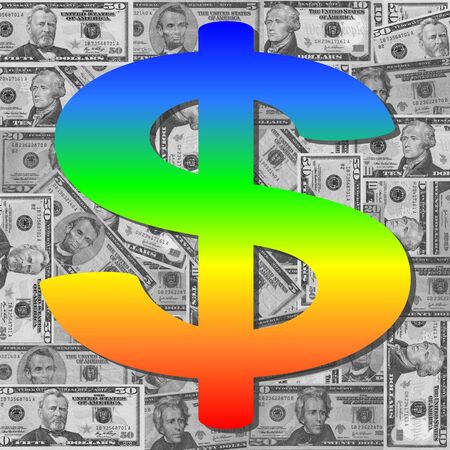 colorful rainbow Dollar symbol on desaturated currencyの写真素材