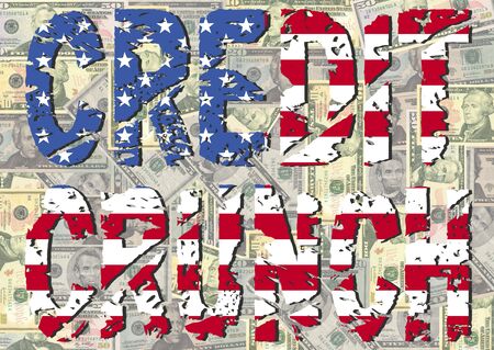 grunge Credit Crunch text with American flag and currency illustrationの写真素材