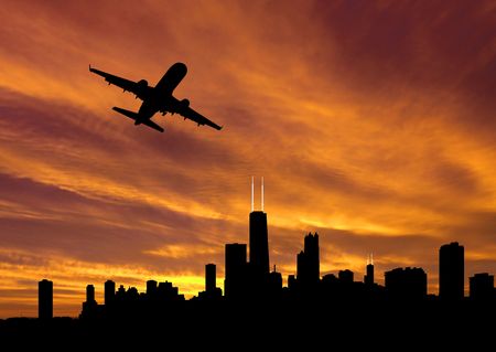 plane departing Chicago at sunset illustrationの写真素材