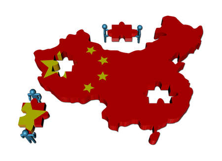 People with jigsaw pieces and China map flagの写真素材
