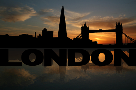 London skyline reflected with text and sunset illustrationの写真素材