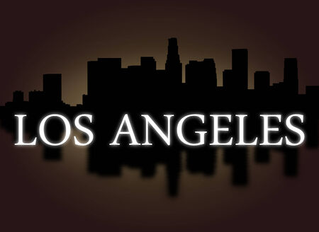 Los Angeles skyline reflected with dramatic sky and text illustration の写真素材