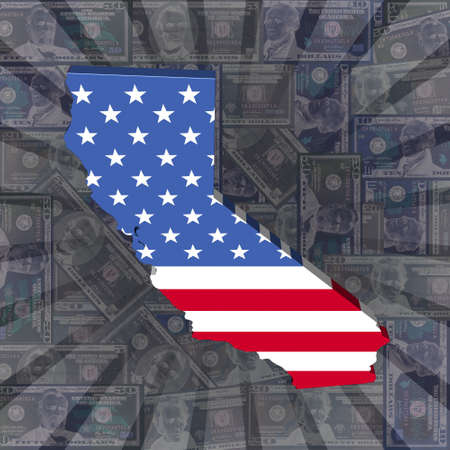 California map flag on dollars sunburst illustrationの写真素材