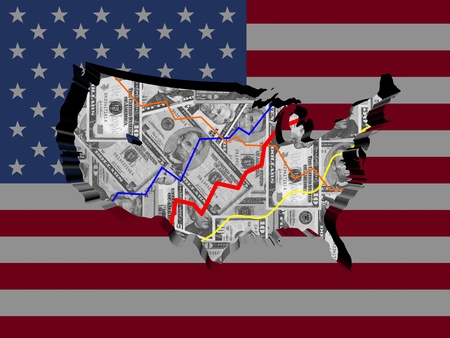 USA map with flag and graphs on dollars illustrationの写真素材