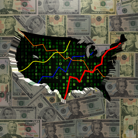 USA map with hex code and graphs on dollars illustrationの写真素材