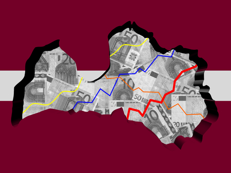 Latvia map with flag and graphs on Euros illustrationの写真素材