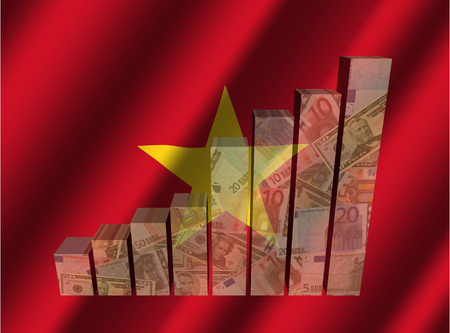 Currency graph on rippled Vietnamese flag illustrationの写真素材