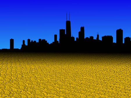 Chicago skyline with golden dollar coins foreground illustrationの写真素材