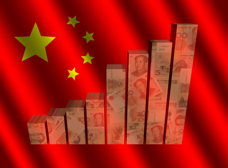 Currency graph on rippled Chinese flag illustrationの写真素材