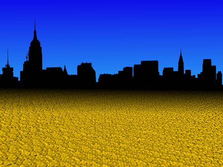 Midtown Manhattan skyline with golden dollar coins foreground illustrationの写真素材