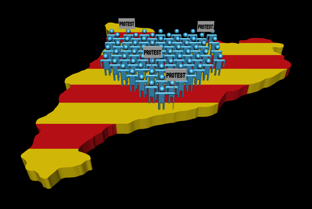 Crowd of people on Catalonia map with protest signs 3d illustrationの写真素材