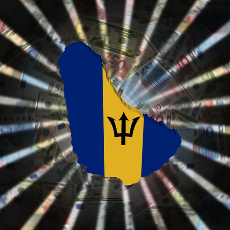 Barbados map flag on currency burst illustrationの写真素材