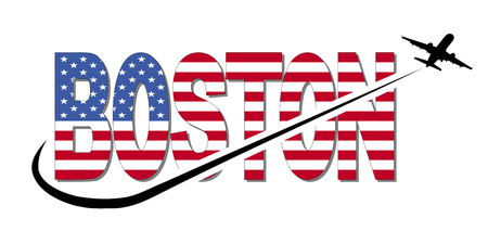 Boston flag text with plane silhouette and swoosh illustrationの写真素材