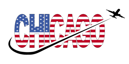 Chicago flag text with plane silhouette and swoosh illustrationの写真素材