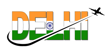 Delhi flag text with plane silhouette and swoosh illustrationの写真素材