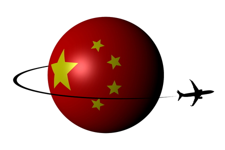 Chinese flag sphere with plane silhouette and swoosh illustration の写真素材