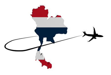 Thailand map flag with plane silhouette and swoosh illustration の写真素材