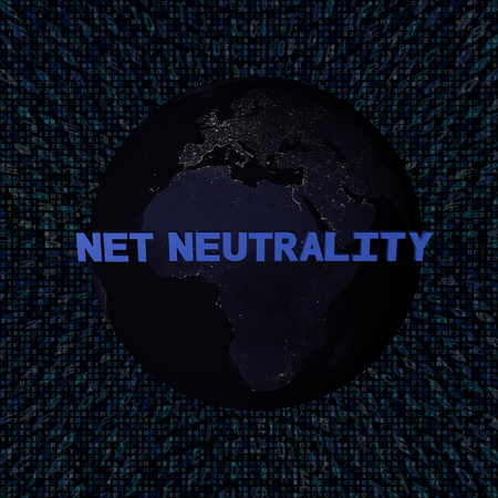 Net Neutrality text with earth by night and blue hex code illustration - elements of this image furnished by NASAの写真素材