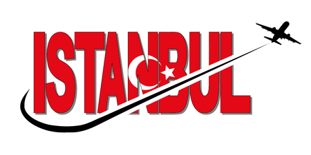 Istanbul flag text with plane silhouette and swoosh illustrationの写真素材