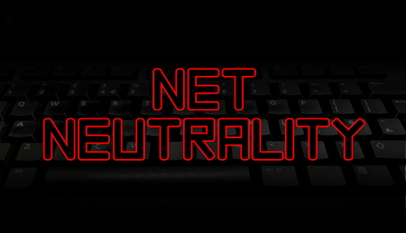 Net Neutrality red text over black keyboard illustrationの写真素材