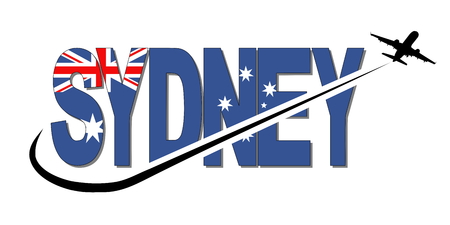 Sydney flag text with plane silhouette and swoosh illustrationの写真素材