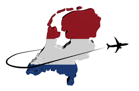 Netherlands map flag with plane silhouette and swoosh illustrationの写真素材