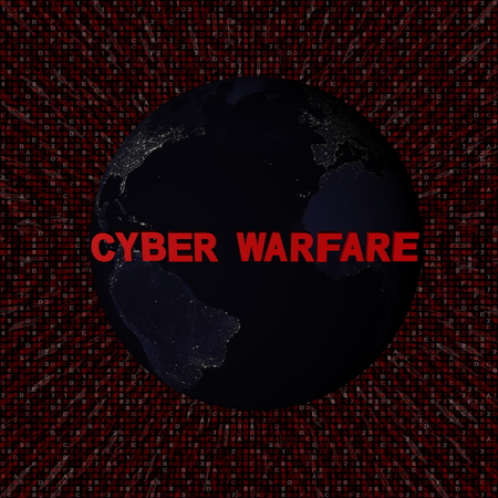 Cyber warfare text with earth by night and red hex code illustrationの写真素材
