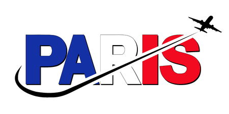 Paris flag text with plane silhouette and swoosh illustrationの写真素材