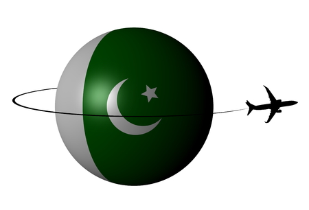 Pakistan flag sphere with plane silhouette and swoosh illustrationの写真素材