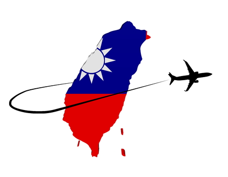 Taiwan map flag with plane silhouette and swoosh illustrationの写真素材