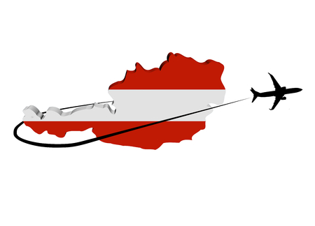 Austria map flag with plane silhouette and swoosh 3d illustrationの写真素材