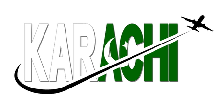 Karachi flag text with plane silhouette and swoosh illustrationの写真素材