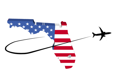 Florida map flag with plane silhouette and swoosh 3d illustrationの写真素材