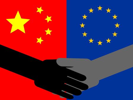 business handshake with chinese and European union flag illustrationのeditorial素材