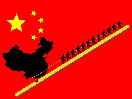 Workers pulling China upwards with Chinese flagのeditorial素材