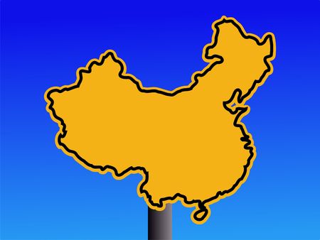 yellow china map warning sign on blue illustrationのeditorial素材