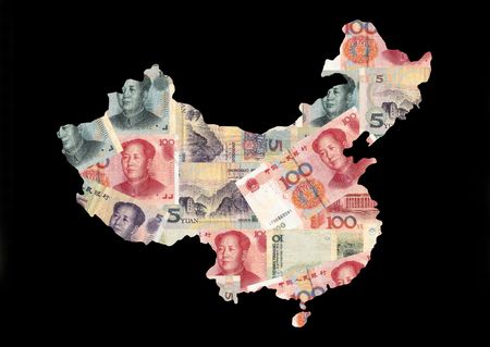 map of china with collage of colourful Chinese currency illustrationのeditorial素材