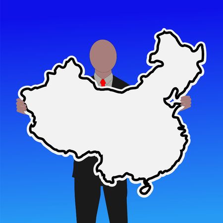 Business man with China sign with blue sky illustrationのeditorial素材