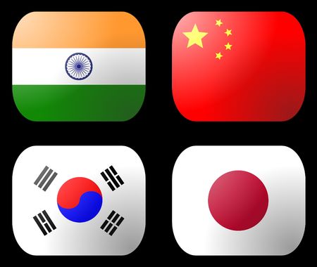 China India Japan and South Korea Flag buttons illustrationのeditorial素材