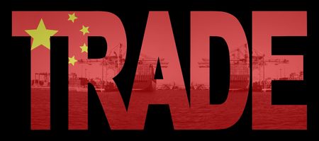 Trade text with chinese flag over container ships at portのeditorial素材