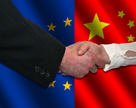handshake over EU and Chinese flags illustrationのeditorial素材
