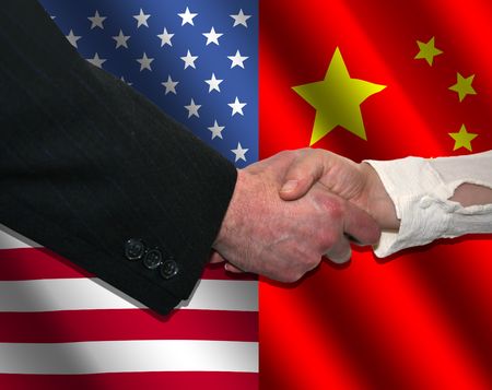 handshake over American and Chinese flags illustrationのeditorial素材