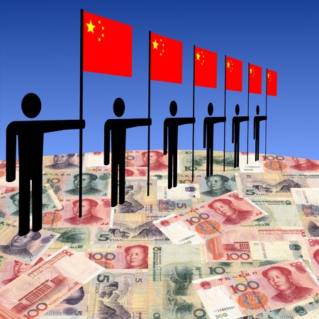line of men holding Chinese flags on Yuan illustrationのeditorial素材