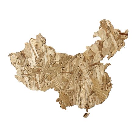 Map of China with chipboard background on whiteのeditorial素材