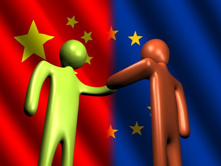 abstract people shakings hands with Chinese  and EU flagsのeditorial素材