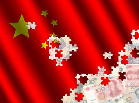 Chinese flag jigsaw over Yuan illustrationのeditorial素材