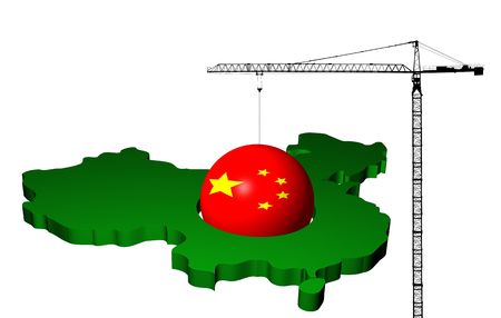 giant crane raising flag sphere from map of China illustrationのeditorial素材